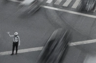 Cop directing traffic